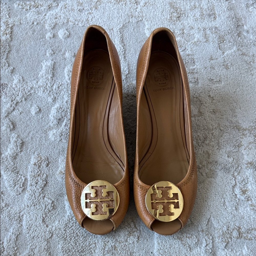 Tory Burch Brown Peep-Toe Heels with Gold Logo